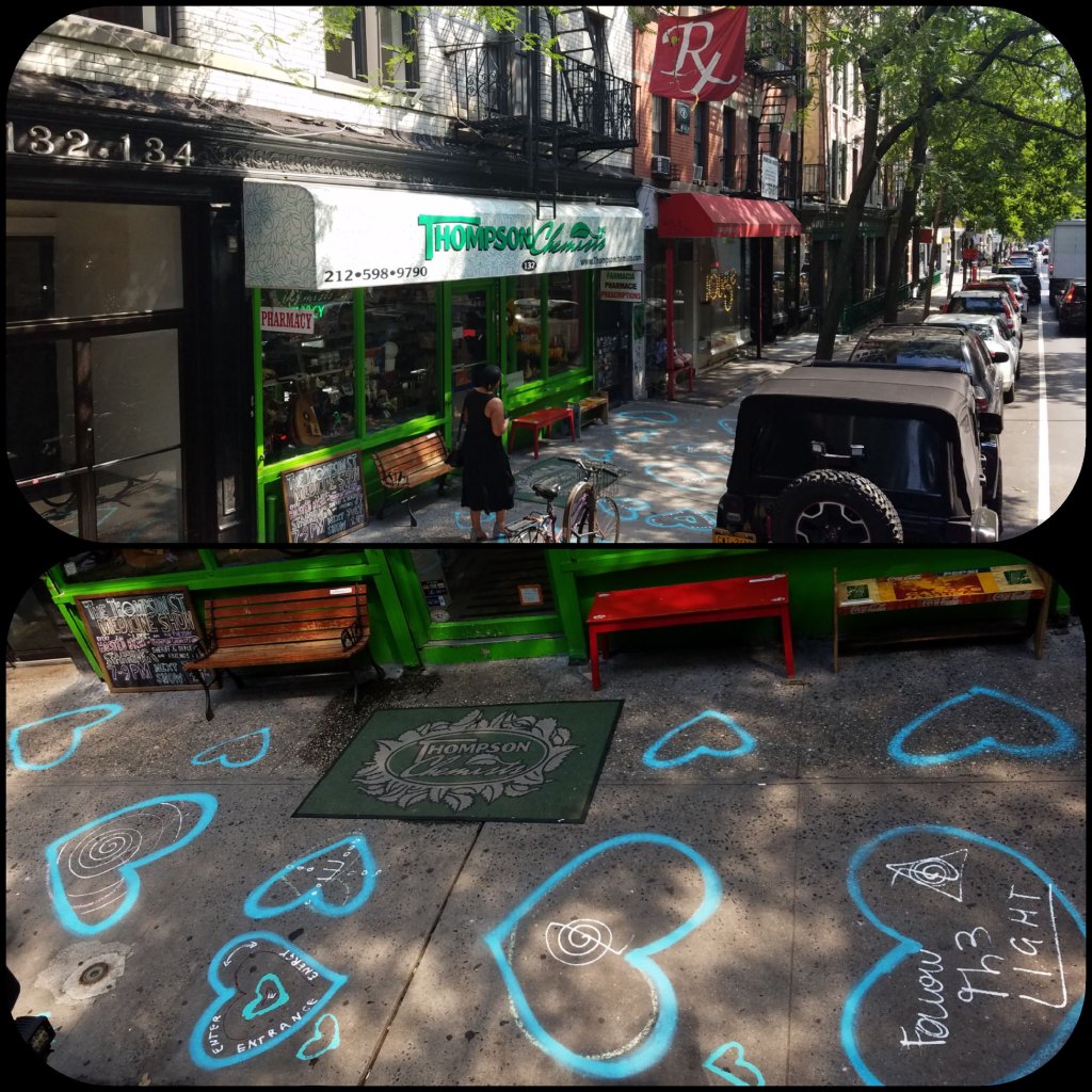 a split picture of the store front on Thompson Street Soho NYC There is a lot of love on Thompson Street
