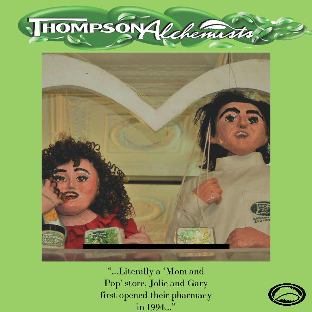 Cartoon puppet versions of owners of Thompson Chemists, Gary Alony and Jolie Alony, Husband and wife owners of mom and pop shop. Thompson Alchemists. Small business NYC